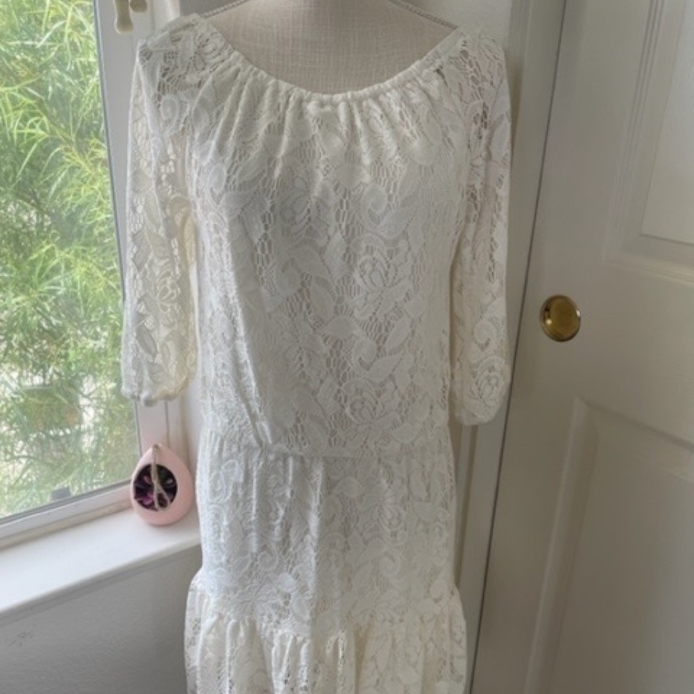 Vintage Off-White Sheer Lace Midi Dress, Romantic Cottagecore Prairie Aesthetic